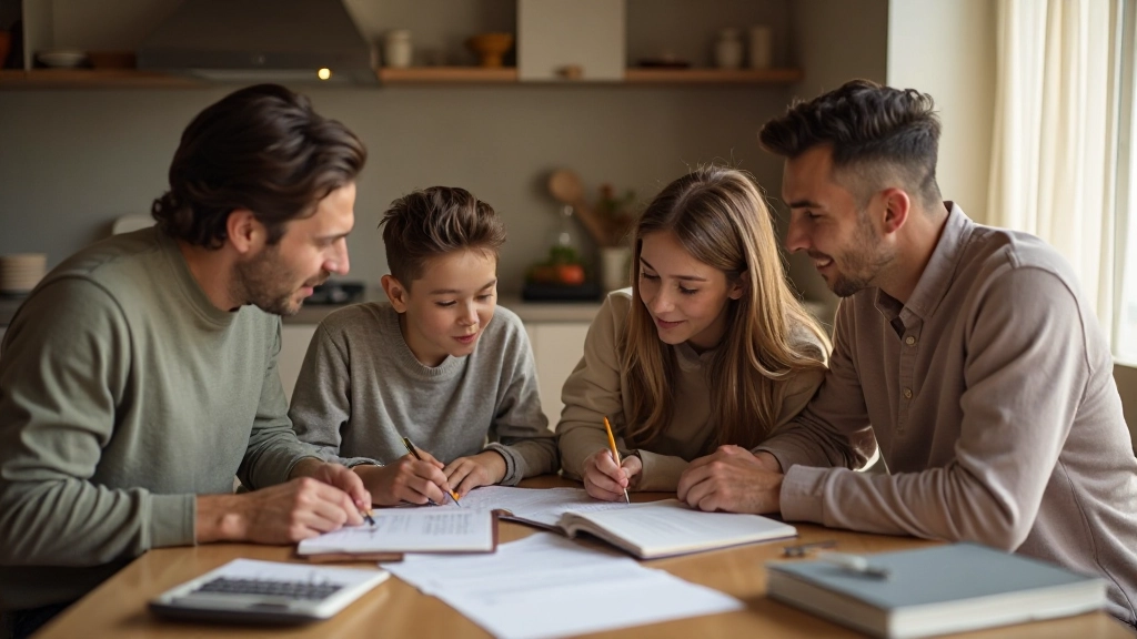 Семья планирует финансы за кухонным столом с документами и калькулятором