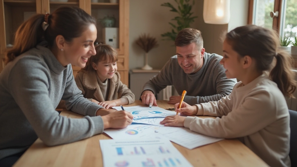 Семья обсуждает финансовый план за обеденным столом с графиками расходов