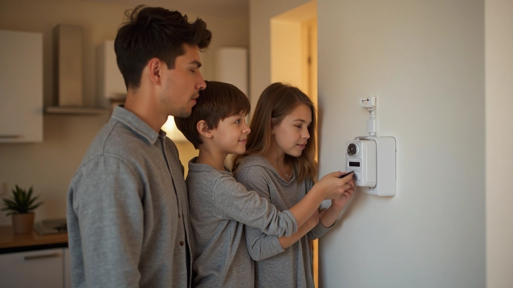 Семья проверяет счетчик коммунальных услуг в доме