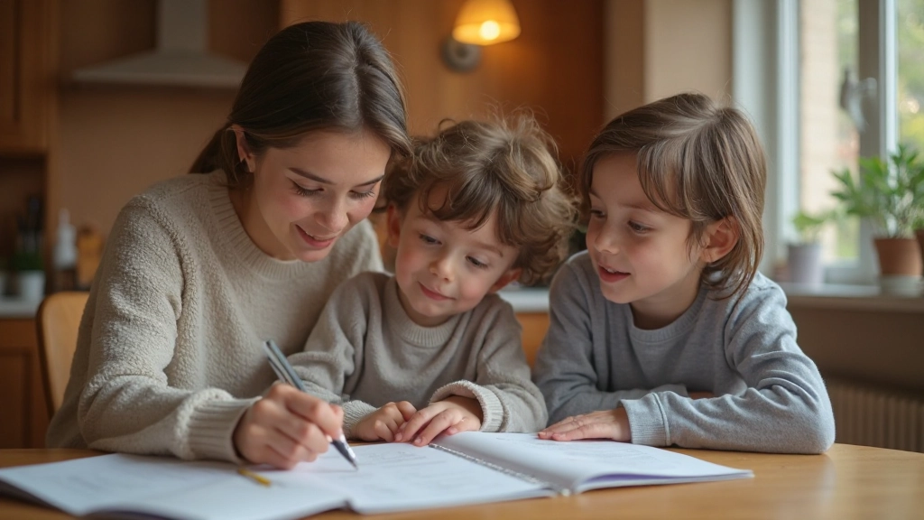 Parents and children discussing household expenses and financial goals together