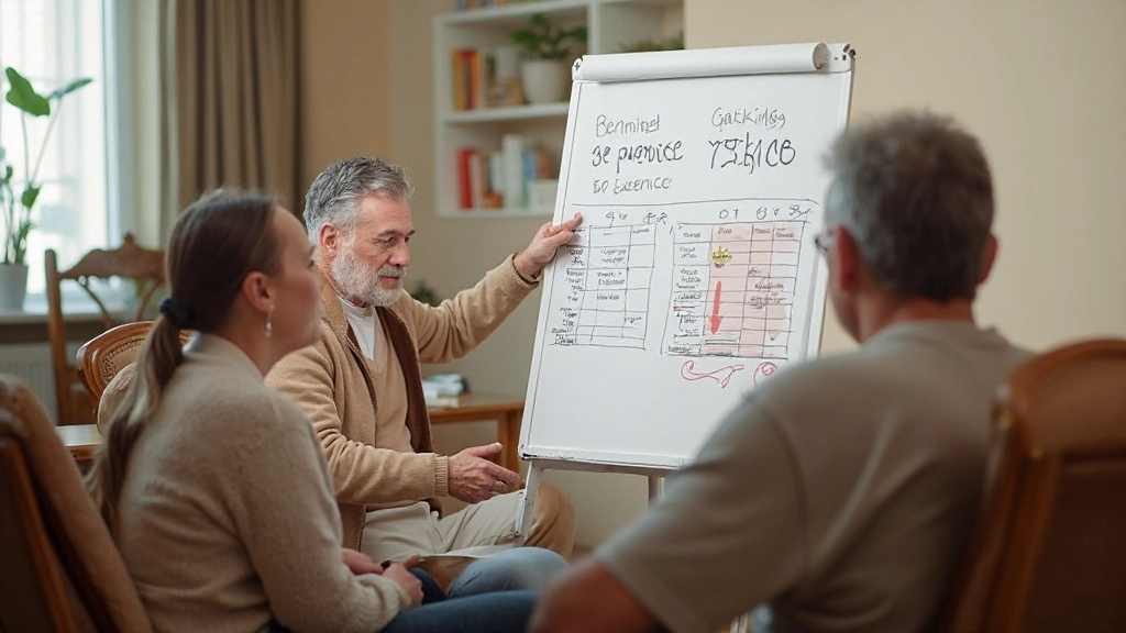 Семья сидит в гостиной и обсуждает финансовые цели на доске